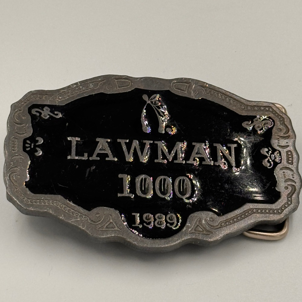 Vintage Lawman 1000 Belt Buckle 1989 Black Enamel Western Made in USA CD Hit